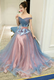 A-Line Off-the-Shoulder Tulle Long Prom Dresses Long Tulle Pleats Evening Dresses