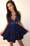 Sexy Dark Blue Tiered Short Homecoming Dresses with Appliques