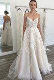 Glamorous A-line Ivory Spaghetti Straps Backless Tulle Beach Wedding Dress with Lace,N587