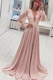 A Line Deep V Neck Long Pink Prom Dress with Appliques Long Sleeves N1431