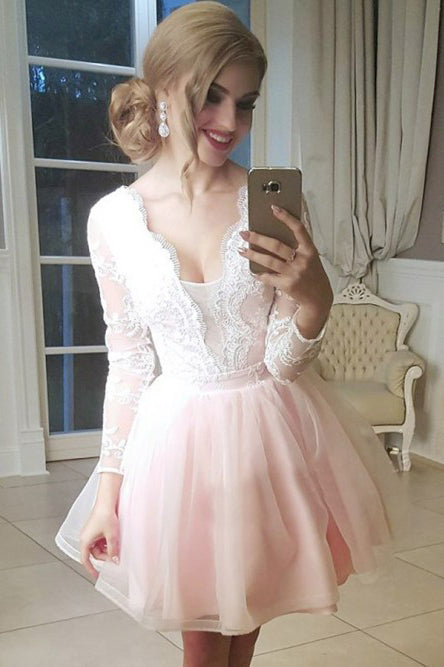 A-Line V-Neck Low Cut Lace Tulle Pink Homecoming Party Dress with Long Sleeves N1904