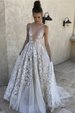 Sexy A Line Deep V-Neck Ivory Tulle Long Prom Dresses with Appliques N689
