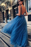 A Line V Neck Tulle Backless Prom Dresses with Sequins Beading N1410