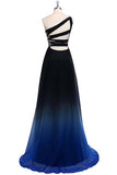 Ombre A Line One Shoulder Beading Chiffon Prom Dresses Gradient Formal Dresses N732