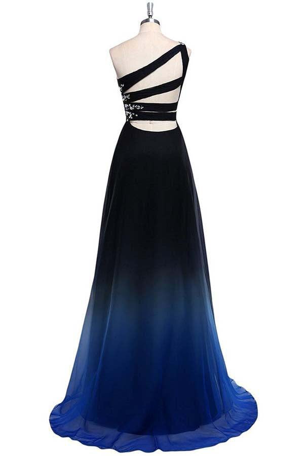 Gradient One Shoulder Chiffon Evening Dress,Ombre Beading Prom Dresses ...