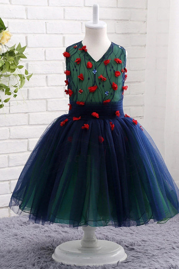 A Line Sleeveless Cute V-Neck Tulle Flower Girl Dresses with Red Appliques F056