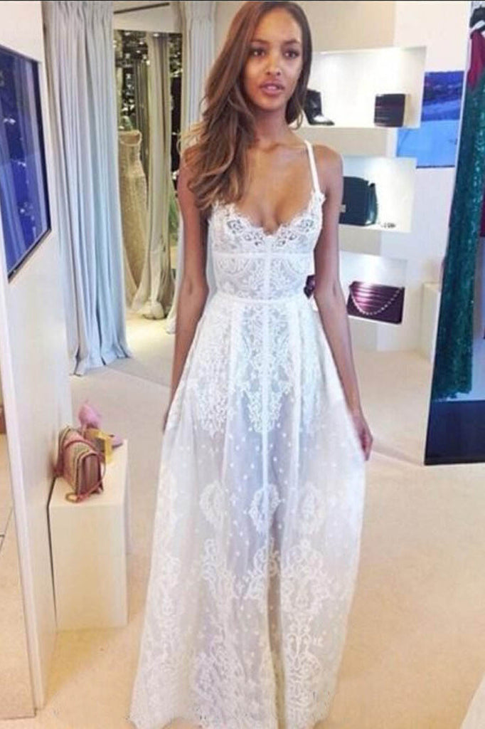 Boho White Spaghetti Straps V-neck Lace Beach Wedding Dress,Sexy Bridal Gown,N632