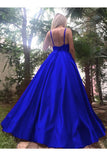 A Line Royal Blue Spaghetti Straps Satin Prom Dress with Pleats N729