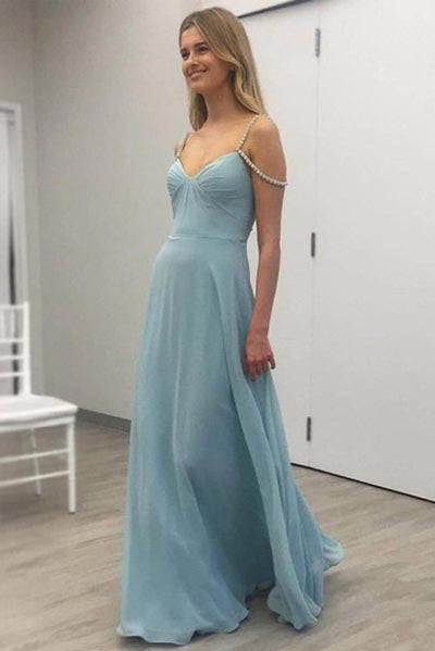 A-line V-neck Floor-length Chiffon Prom Dresses with Beading, Straps Evening Dresses N1369