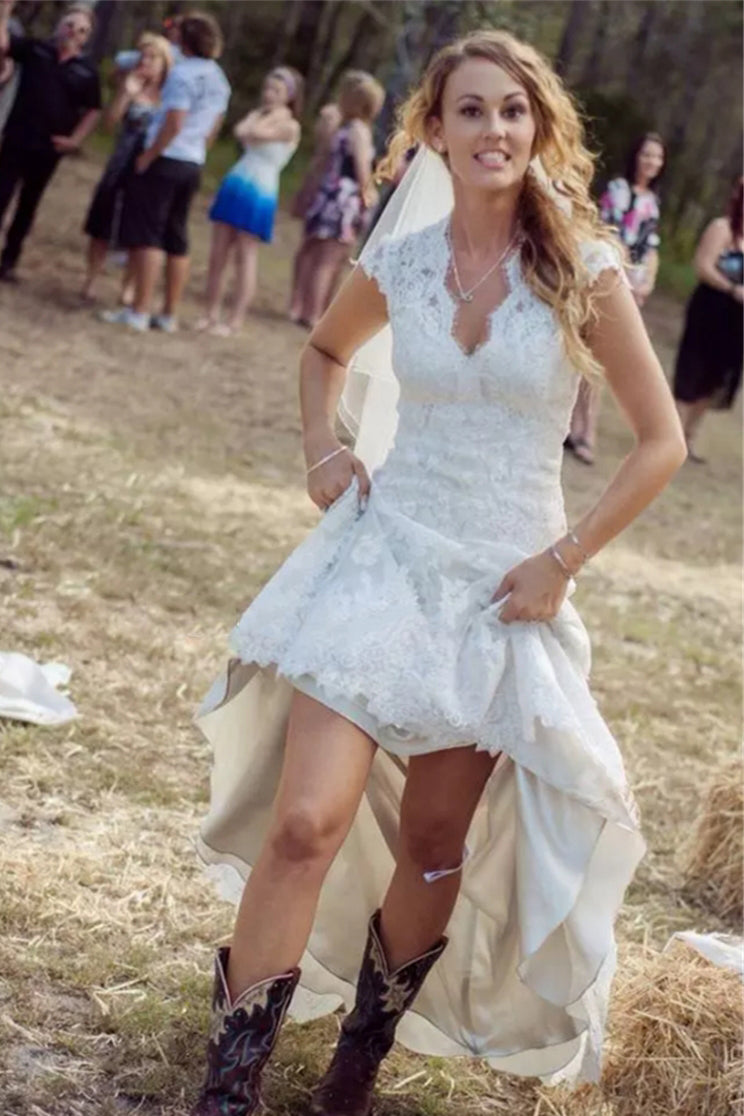 A-line V-neck Cap Sleeves Open Back Lace Beach Wedding Dresses,Bridal Gown,N557