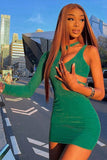Green Sexy One Shoulder Long Sleeve Short Homecoming Dresses