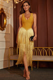 Gold tassel sleeveless v-back Short Homecoming Dresses