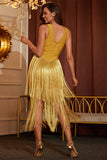 Gold tassel sleeveless v-back Short Homecoming Dresses
