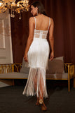 White Spaghetti Straps Tassels Short Homecoming Dresses