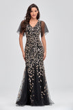 Mermaid V-Neck Black And Gold Long Prom Dresses