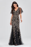 Mermaid V-Neck Black And Gold Long Prom Dresses