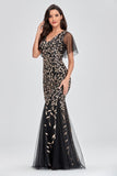 Mermaid V-Neck Black And Gold Long Prom Dresses
