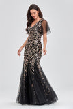 Mermaid V-Neck Black And Gold Long Prom Dresses