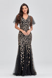 Mermaid V-Neck Black And Gold Long Prom Dresses
