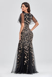 Mermaid V-Neck Black And Gold Long Prom Dresses