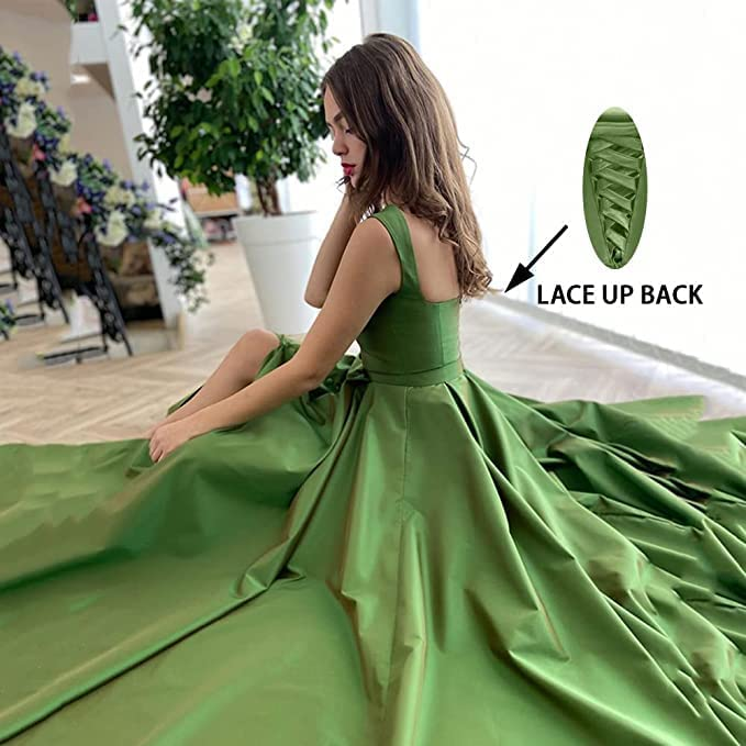 A Line Green Straps Floor Length Prom Dress With Pockets PD0171