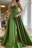 A Line Green Straps Floor Length Prom Dress With Pockets PD0171