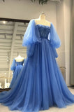 A Line Long Sleeves Blue Tulle Princess Long Prom Dresses Y0417