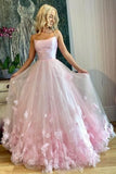 A-Line Pink 3D Flowers Formal Evening Dresses Tulle Long Prom Dresses with Straps