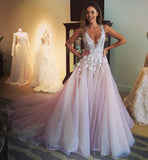 A Line V-Neck Light Pink Flower Appliqued Tulle Wedding Dress N10