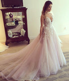 A Line V-Neck Light Pink Flower Appliqued Tulle Wedding Dress N10