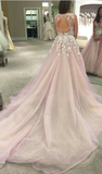 A Line V-Neck Light Pink Flower Appliqued Tulle Wedding Dress N10