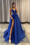 A Line Shiny V Neck Royal Blue Lace Long Prom Dresses OK1915