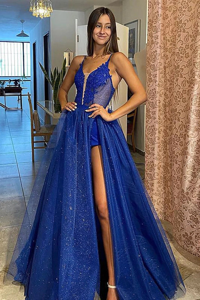 A Line Shiny V Neck Royal Blue Lace Long Prom Dresses OK1915