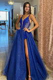 A Line Shiny V Neck Royal Blue Lace Long Prom Dresses OK1915