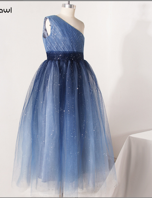 A Line Sparkle Blue One Shoulder Sleeveless Flower Girl Dresses