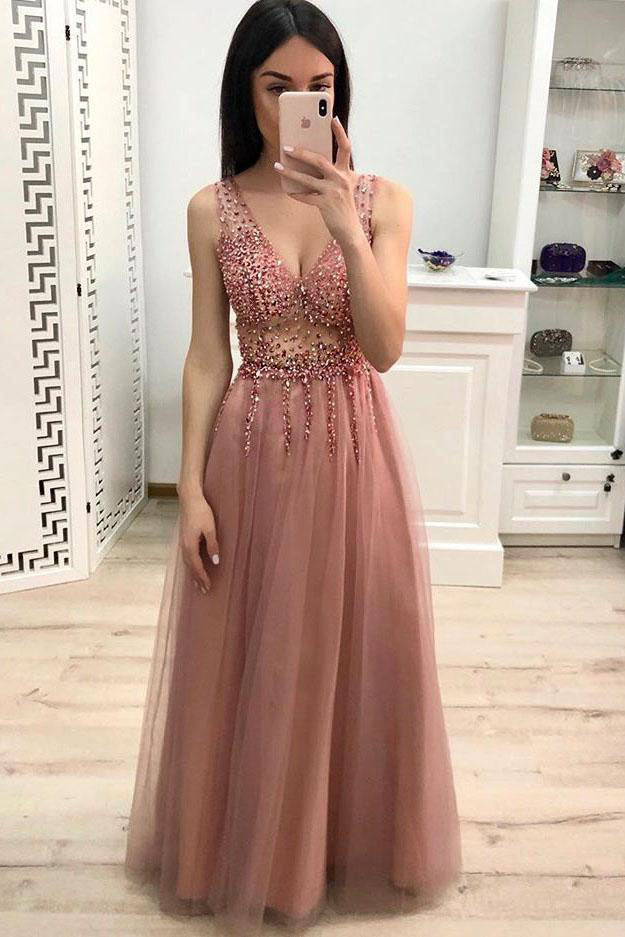 Sparkly A Line V Neck Floor Length Prom Dress with Beading and Sequins, Long Party Dress