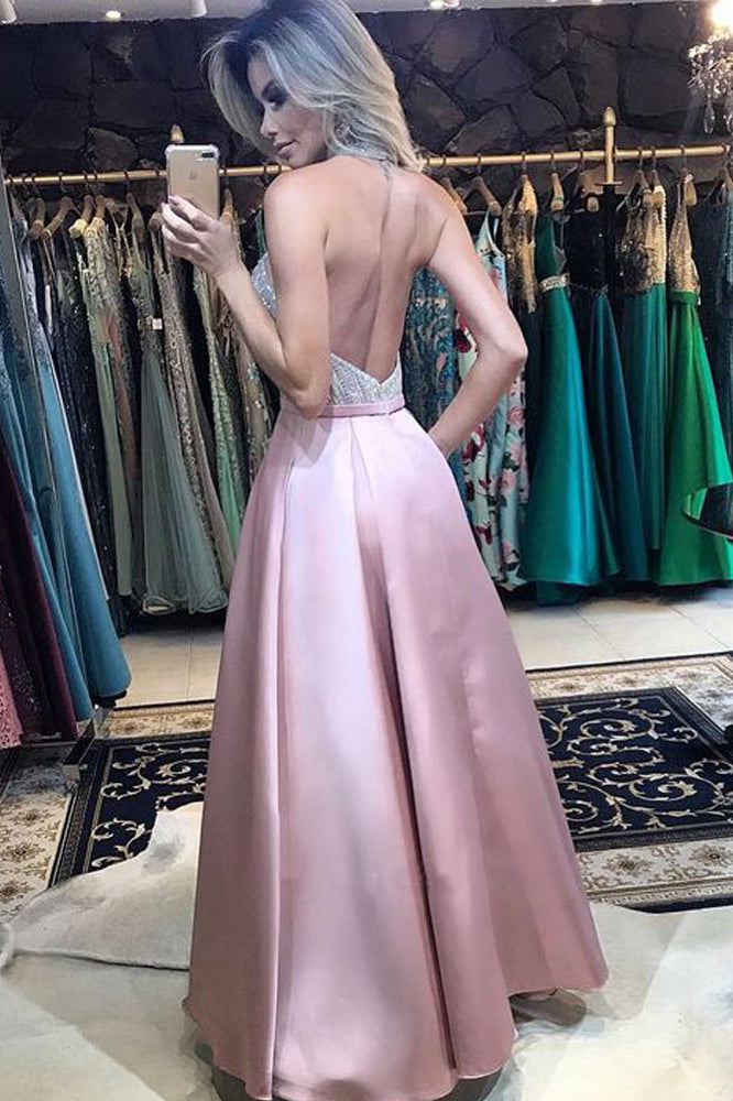 A Line Halter Backless Pink Long Prom Dresses with Pockets N1405