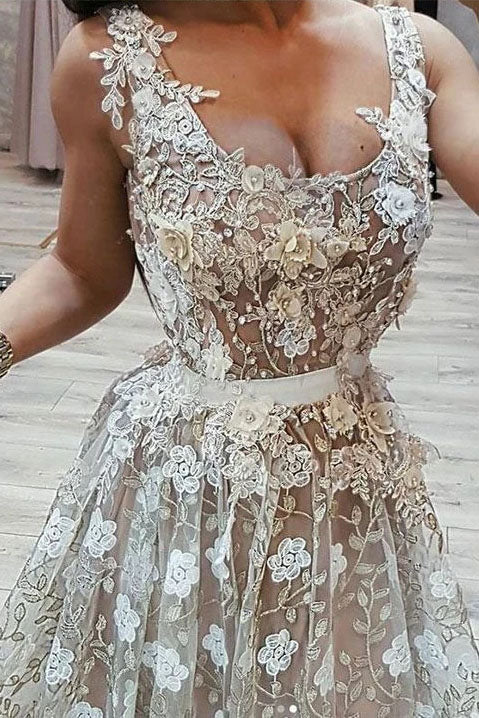 Vintage A Line Straps Beading Flower Appliques Evening Dress N2414