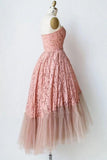 Pink Lace Strapless Tulle Short Prom Dresses Unique Tulle Homecoming Dresses N1991