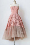 Pink Lace Strapless Tulle Short Prom Dresses Unique Tulle Homecoming Dresses N1991