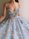 Gorgeous Blue Lace Spaghetti Strap With 3D Flower Prom Dresses