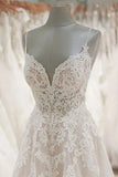 A Line Spaghetti Straps V-Neck Beach Wedding Dresses Appliqued Tulle Bridal Dresses N2021