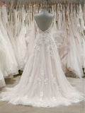 A Line Spaghetti Straps V-Neck Beach Wedding Dresses Appliqued Tulle Bridal Dresses N2021