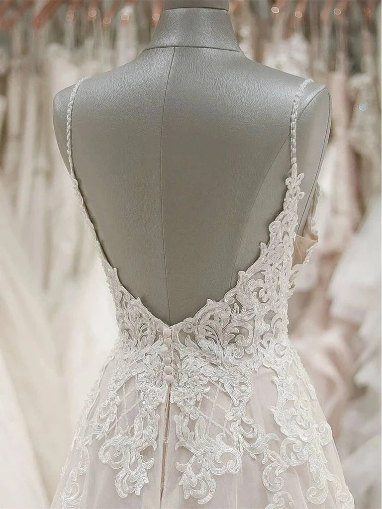 A Line Spaghetti Straps V-Neck Beach Wedding Dresses Appliqued Tulle Bridal Dresses N2021
