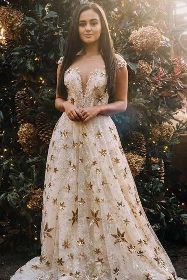 A Line Cap Sleeve Long Lace Prom Dresses With Gold Stars, Sheer Neck Prom Gown N1670