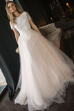 A Line Tulle Wedding Dresses with Short Sleeves Elegant Beach Wedding Dresses with Lace N2379
