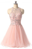 Pink Jewel Tulle Open Back Beading Sleeveless Homecoming Dresses