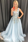Baby Blue Tulle V Neck Long Prom Dress A Line Sleeveless Appliques Evening Dress N2628