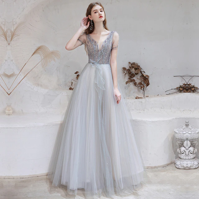 A Line V-Neck Short Sleeve Floor Length Prom Dresses Sequins Party Dresses WH361013