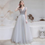A Line V-Neck Short Sleeve Floor Length Prom Dresses Sequins Party Dresses WH361013
